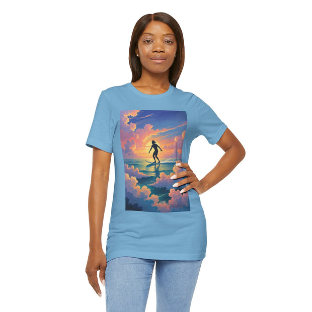 Surfing into the Sunset Tee, Surf Tee, Beach Vibes T-Shirt, Summer Apparel, Gift for Surfers, Adventure Wear