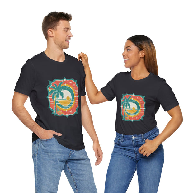 Retro Sunset Palm Tree Tee, Beach Vibes T-Shirt, Casual Summer Shirt, Perfect for Vacations, Gift for Beach Lovers