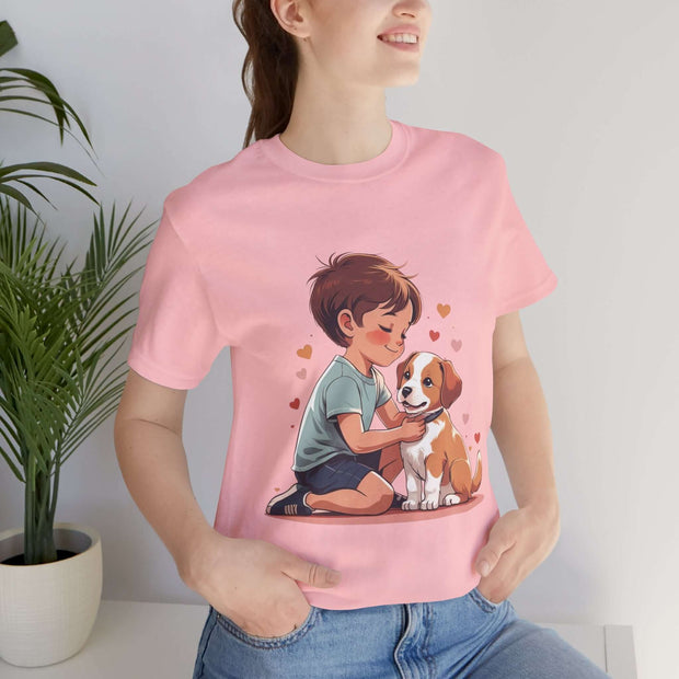 Cute Kid & Puppy Love T-Shirt featuring a boy cuddling a puppy, perfect for dog lovers and casual wear.