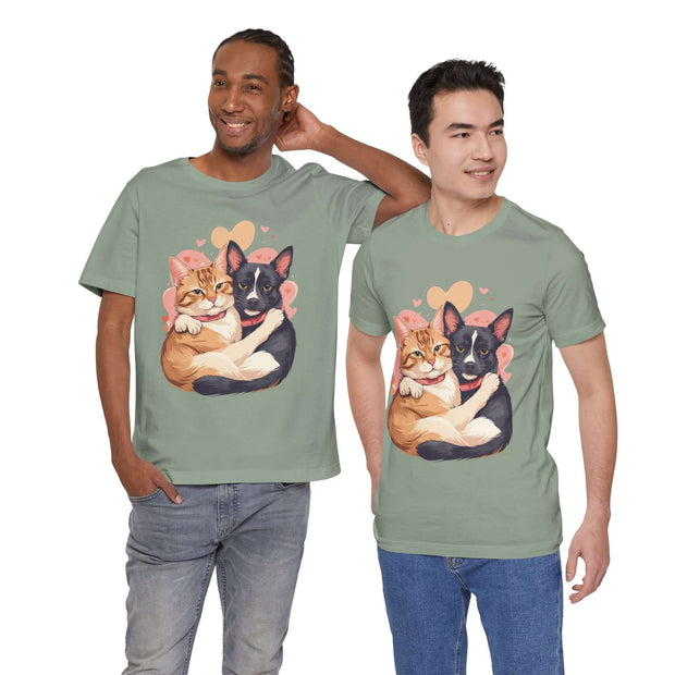 Two men wearing Pet Lovers Tee featuring cute cats and dogs illustration, perfect for animal enthusiasts.
