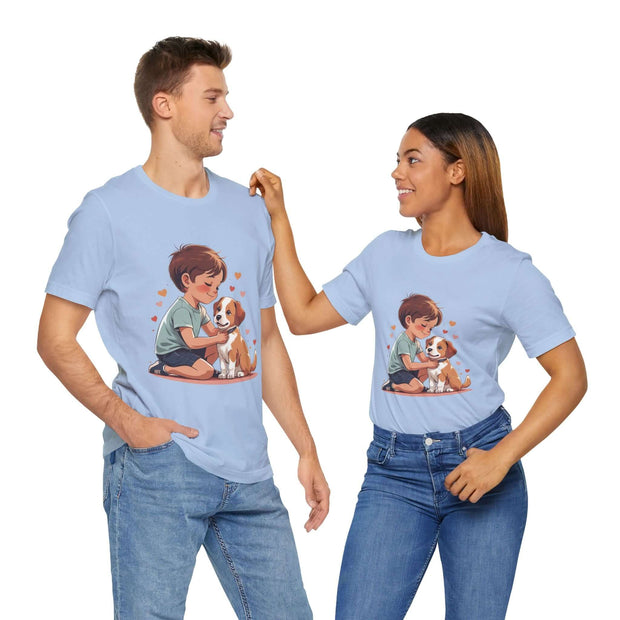 Two people wearing Kid & Puppy Love T-Shirts featuring a joyful design of a boy and a puppy, ideal for casual wear.