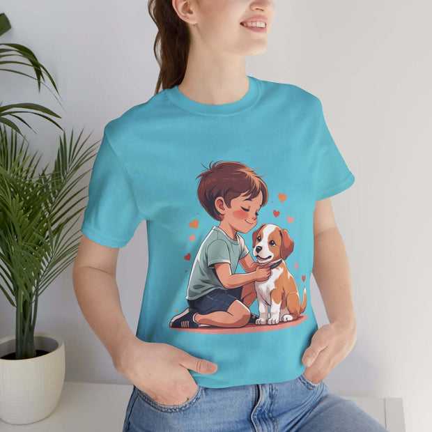 Kid & Puppy Love T-Shirt featuring a boy with a puppy, perfect for dog lovers and casual wear.
