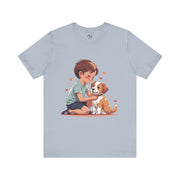 Kid & Puppy Love T-Shirt featuring a boy cuddling a puppy with hearts, perfect for dog lovers and casual wear.