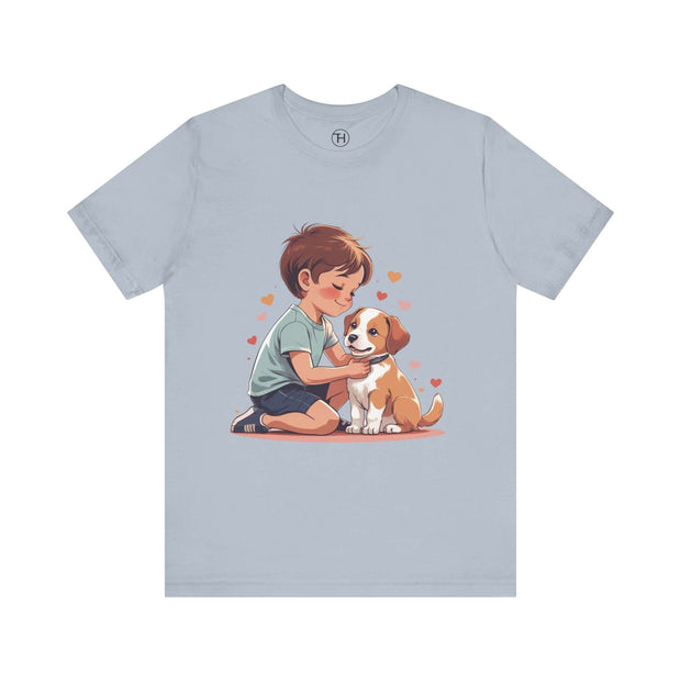 Kid & Puppy Love T-Shirt featuring a boy cuddling a puppy with hearts, perfect for dog lovers and casual wear.