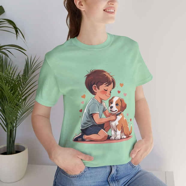 Kid wearing a green Kid & Puppy Love T-Shirt, smiling with an adorable puppy, surrounded by hearts.