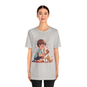 Kid & Puppy Love T-Shirt featuring an illustration of a boy and puppy surrounded by hearts, perfect for dog lovers.