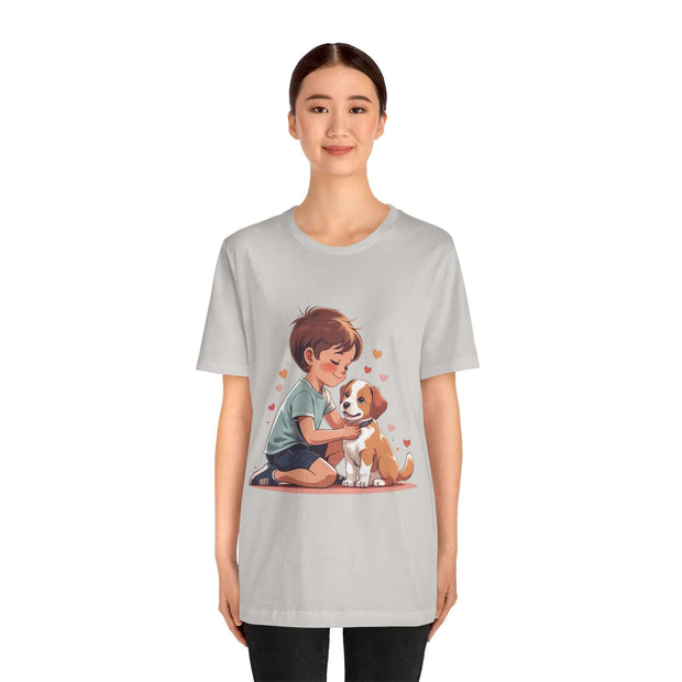 Kid & Puppy Love T-Shirt featuring an illustration of a boy and puppy surrounded by hearts, perfect for dog lovers.