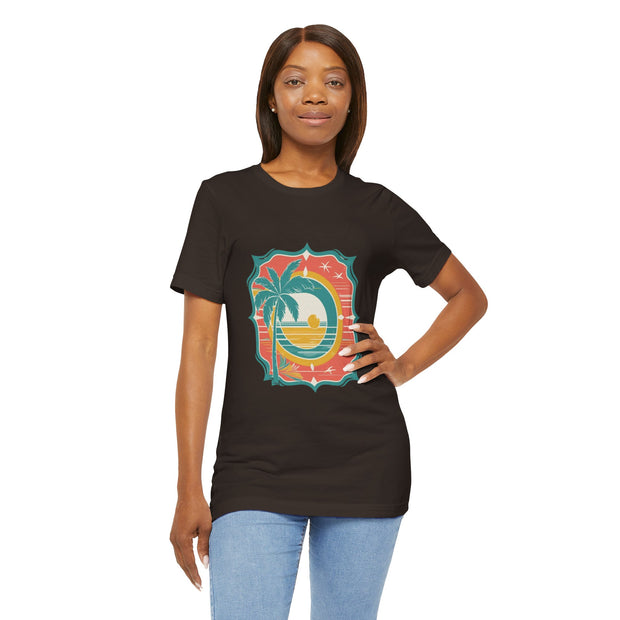 Retro Sunset Palm Tree Tee, Beach Vibes T-Shirt, Casual Summer Shirt, Perfect for Vacations, Gift for Beach Lovers