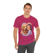 Heartwarming pink dog lover tee featuring a girl hugging a golden retriever, perfect for casual outings.
