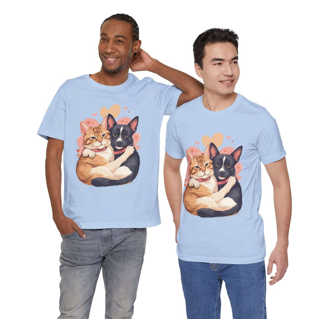 Two men wearing light blue pet lovers tees with cute cat and dog design, perfect for animal enthusiasts.