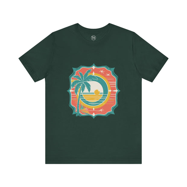 Retro Sunset Palm Tree Tee, Beach Vibes T-Shirt, Casual Summer Shirt, Perfect for Vacations, Gift for Beach Lovers