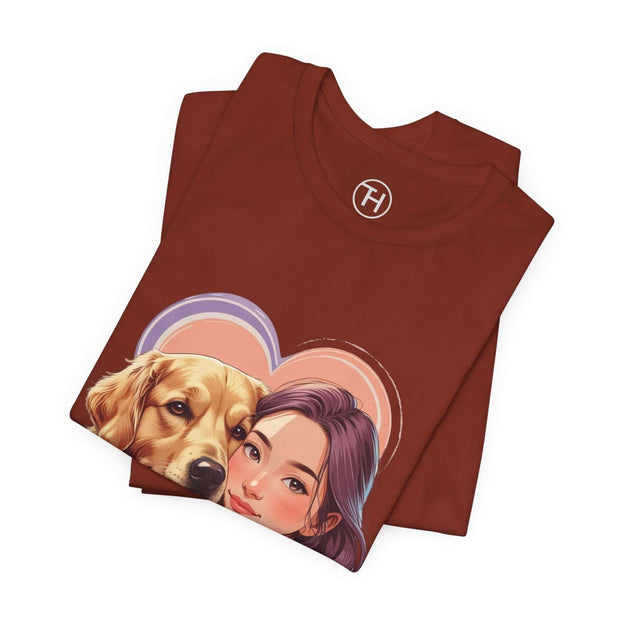 Heartwarming dog lover tee featuring a girl and golden retriever, perfect for casual wear and pet lovers.