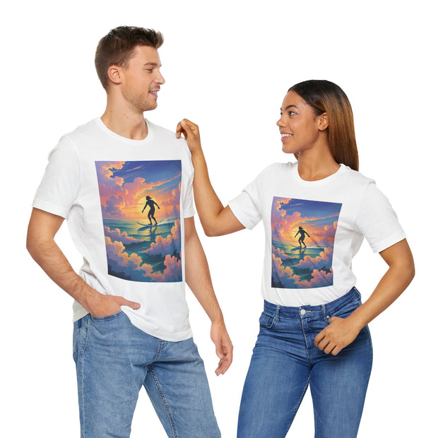 Surfing into the Sunset Tee, Surf Tee, Beach Vibes T-Shirt, Summer Apparel, Gift for Surfers, Adventure Wear