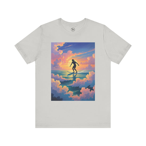 Surfing into the Sunset Tee, Surf Tee, Beach Vibes T-Shirt, Summer Apparel, Gift for Surfers, Adventure Wear