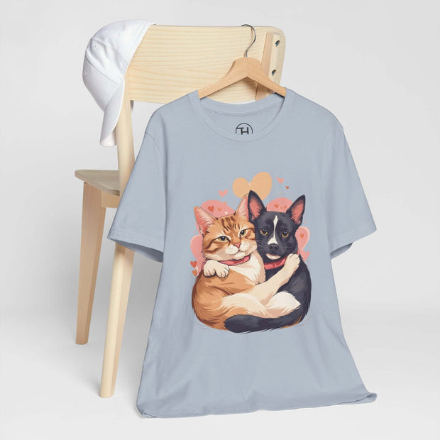 Pet lovers tee featuring a cute graphic of a cat and dog embracing, perfect for casual wear.