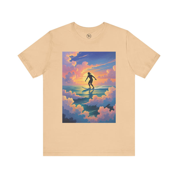 Surfing into the Sunset Tee, Surf Tee, Beach Vibes T-Shirt, Summer Apparel, Gift for Surfers, Adventure Wear