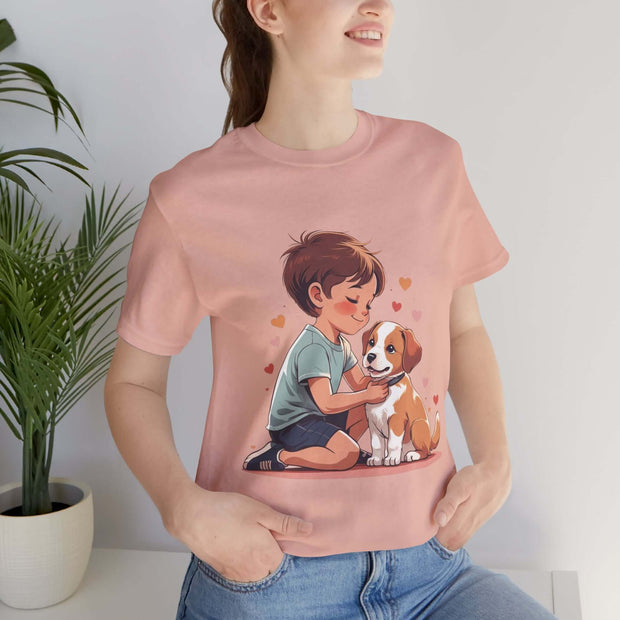 Kid smiling while hugging a puppy, wearing a cute pink Kid & Puppy Love T-Shirt, perfect for dog lovers.