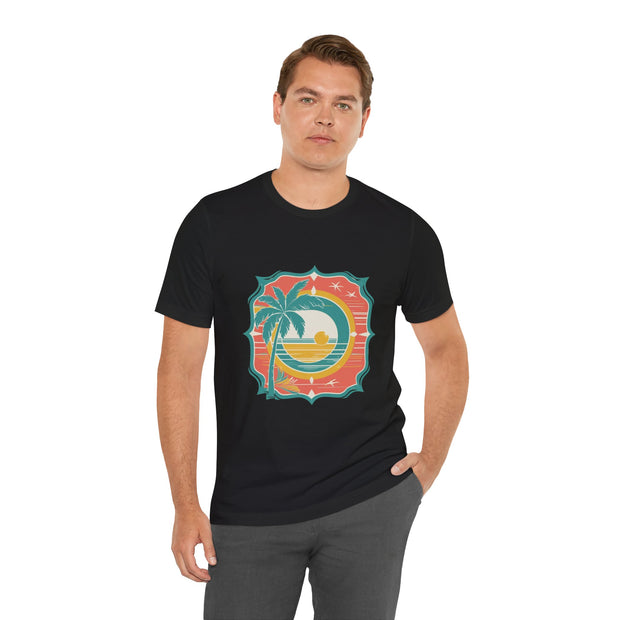 Retro Sunset Palm Tree Tee, Beach Vibes T-Shirt, Casual Summer Shirt, Perfect for Vacations, Gift for Beach Lovers