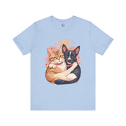 Cute pet lovers tee featuring two cuddling cats on a light blue background, perfect for animal enthusiasts.