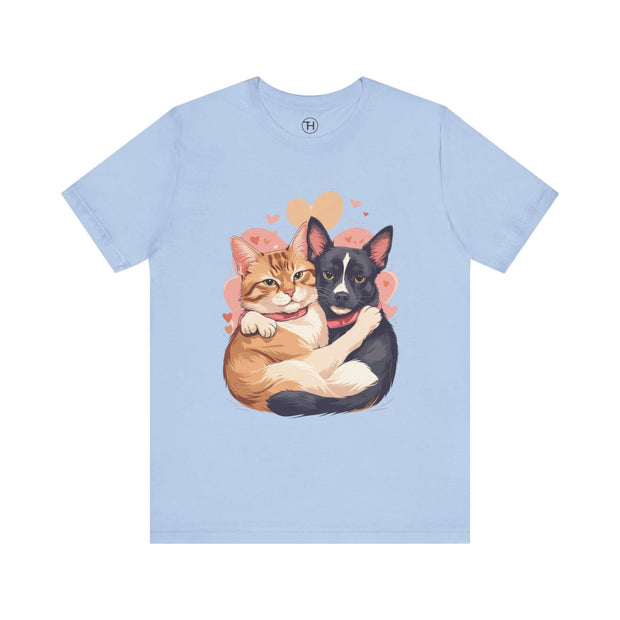 Cute pet lovers tee featuring two cuddling cats on a light blue background, perfect for animal enthusiasts.
