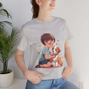 Kid & Puppy Love T-Shirt featuring a boy hugging a puppy with hearts, perfect for dog lovers and casual wear.