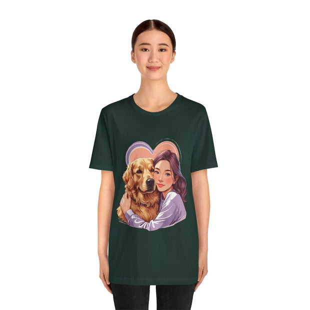 Heartwarming dog lover tee featuring a woman embracing a golden retriever, perfect for casual wear.