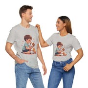 Two models wearing Kid & Puppy Love T-Shirts featuring a joyful child with a puppy graphic design, perfect for casual wear.