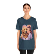 Heartwarming unisex dog lover tee featuring a woman hugging a golden retriever, perfect for casual wear.