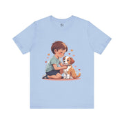 Kid & Puppy Love T-Shirt featuring a boy cuddling a puppy with hearts, perfect gift for dog lovers and casual wear.