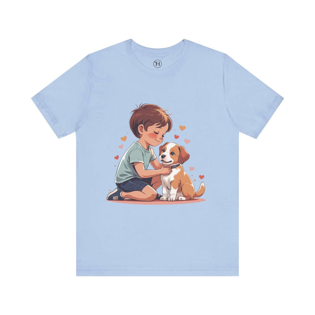 Kid & Puppy Love T-Shirt featuring a boy cuddling a puppy with hearts, perfect gift for dog lovers and casual wear.
