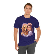 Heartwarming unisex tee featuring a man with a golden retriever dog design, perfect for dog lovers.
