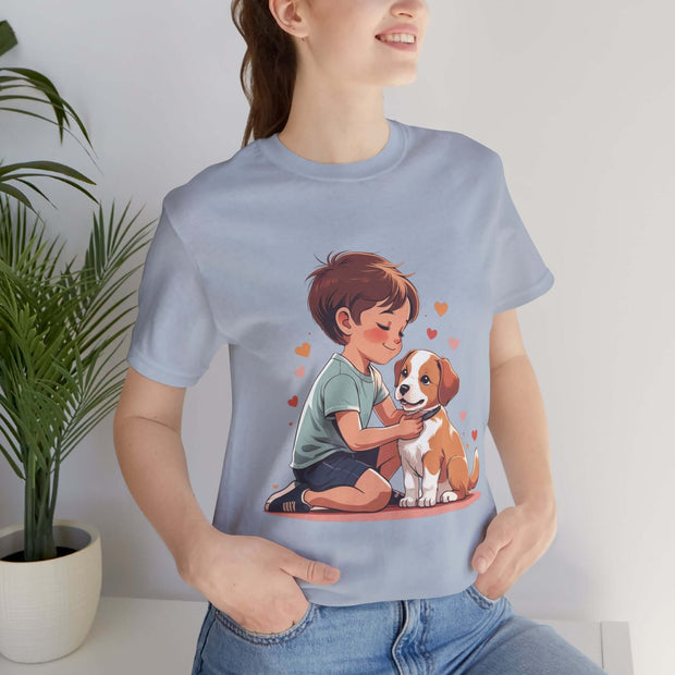 Kid & Puppy Love T-Shirt featuring a boy hugging a puppy, perfect for dog lovers and cozy casual wear.
