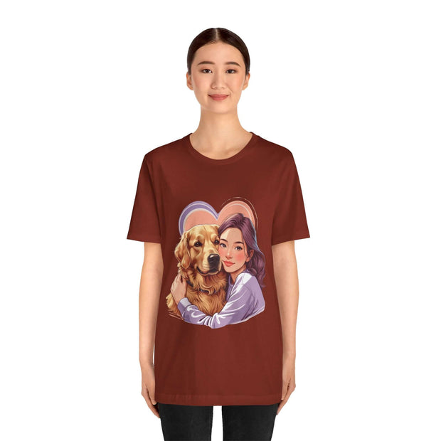 Heartwarming dog lover tee featuring a woman hugging a golden retriever, perfect for casual wear.