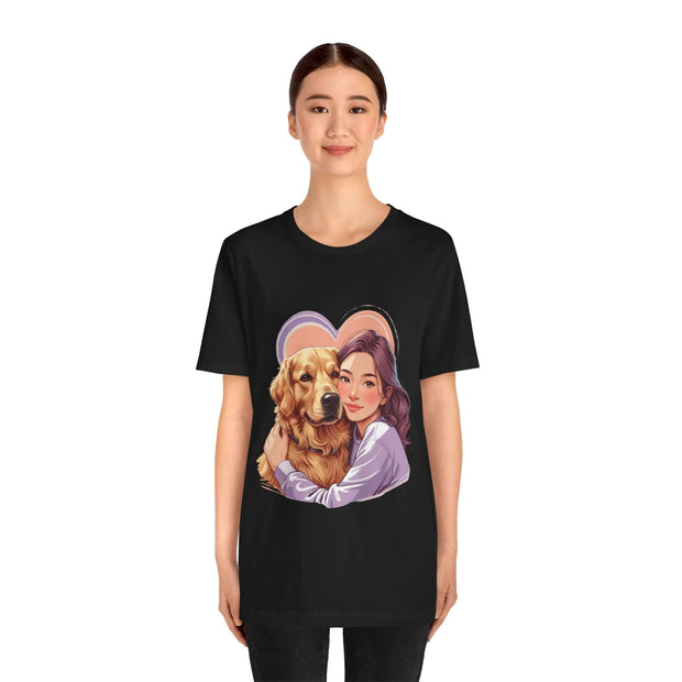 Heartwarming dog lover tee featuring a woman and her golden retriever, showcasing comfort and style.