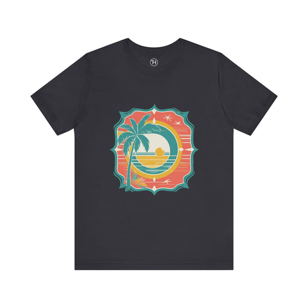 Retro Sunset Palm Tree Tee, Beach Vibes T-Shirt, Casual Summer Shirt, Perfect for Vacations, Gift for Beach Lovers