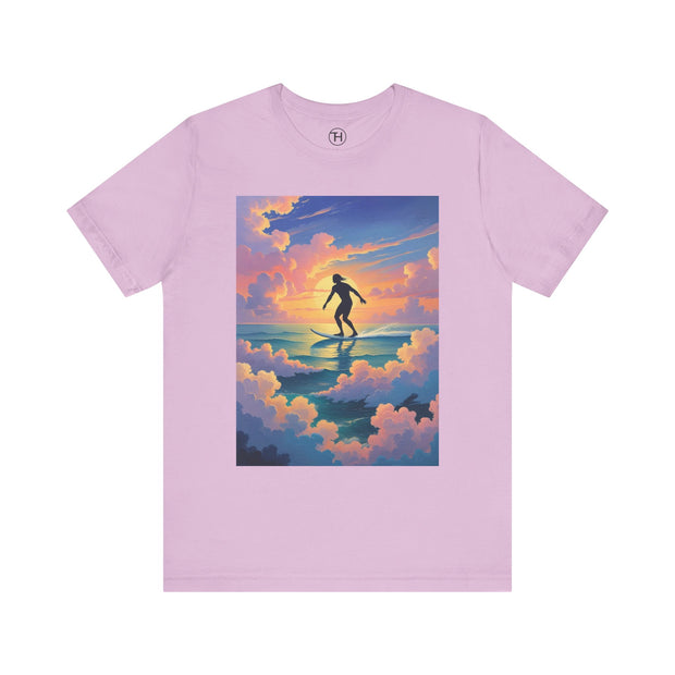 Surfing into the Sunset Tee, Surf Tee, Beach Vibes T-Shirt, Summer Apparel, Gift for Surfers, Adventure Wear