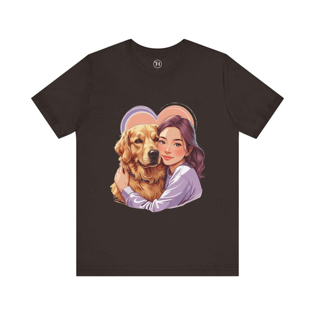 Heartwarming unisex dog lover tee featuring a girl hugging a golden retriever on a black shirt.