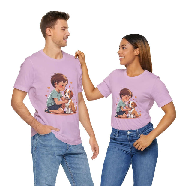Cute Kid & Puppy Love T-Shirts worn by a man and woman, perfect for dog lovers and casual wear.
