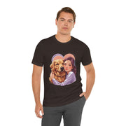 Heartwarming dog lover tee featuring a man hugging a golden retriever, perfect for casual wear.