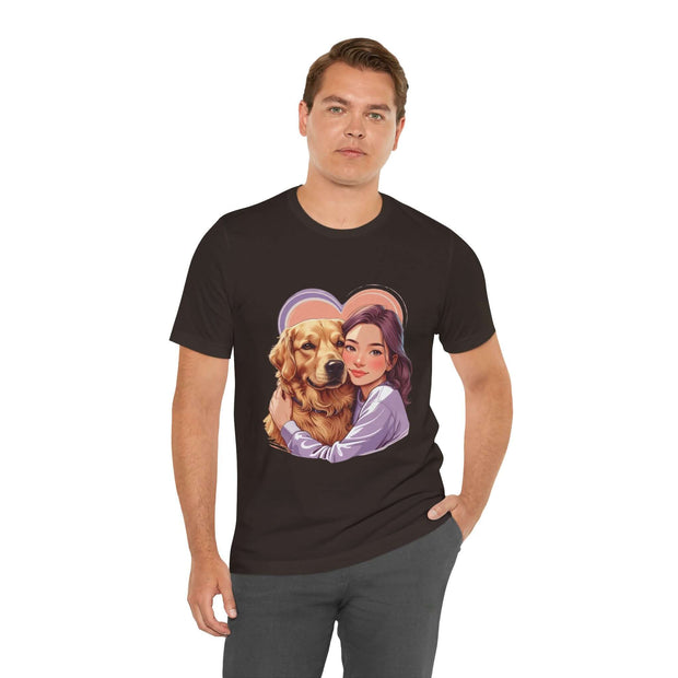 Heartwarming dog lover tee featuring a man hugging a golden retriever, perfect for casual wear.