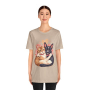 Cute pet lovers tee featuring illustrated cats and dogs, perfect for casual wear and showcasing love for animals.