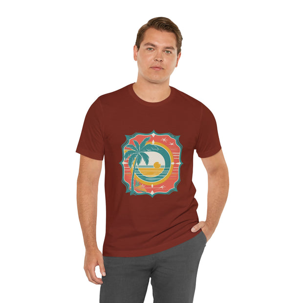Retro Sunset Palm Tree Tee, Beach Vibes T-Shirt, Casual Summer Shirt, Perfect for Vacations, Gift for Beach Lovers