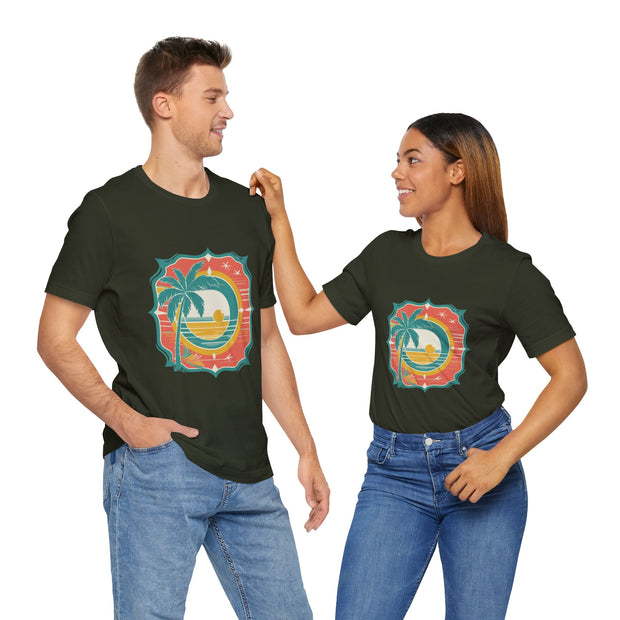 Retro Sunset Palm Tree Tee, Beach Vibes T-Shirt, Casual Summer Shirt, Perfect for Vacations, Gift for Beach Lovers