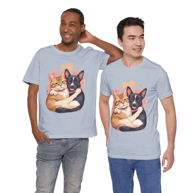 Two men wearing a cute Pet Lovers Tee featuring illustrated cats and dogs, perfect for animal enthusiasts.
