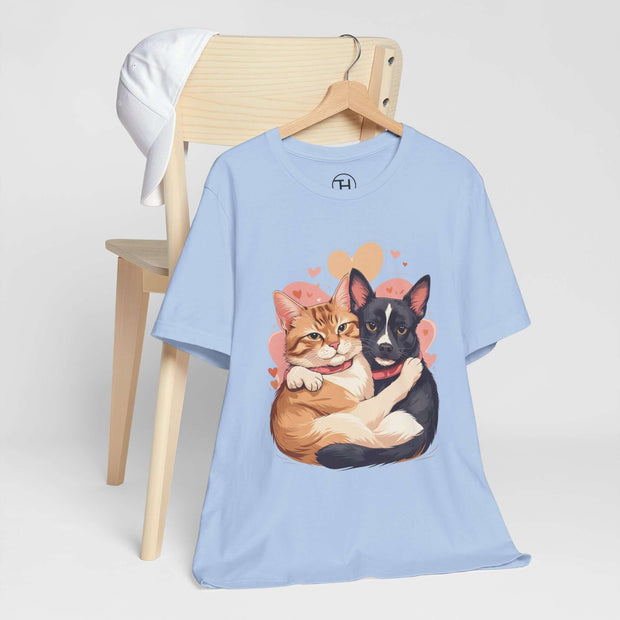 Cute pet lovers tee featuring a playful cat and dog graphic, perfect for animal enthusiasts and casual wear.
