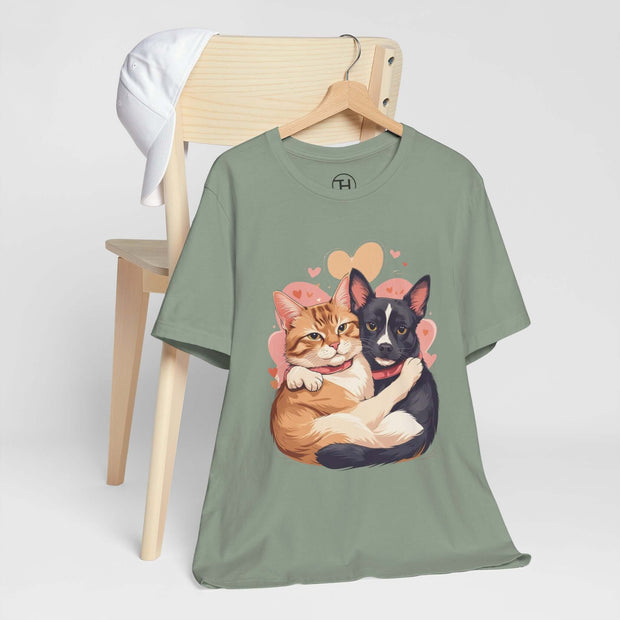 Cute pet lovers tee featuring adorable cats and dogs design, perfect for casual wear.
