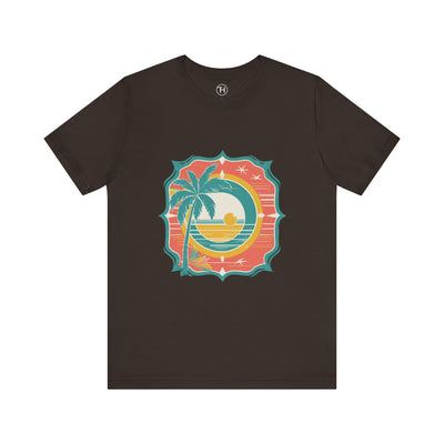 Retro Sunset Palm Tree Tee, Beach Vibes T-Shirt, Casual Summer Shirt, Perfect for Vacations, Gift for Beach Lovers