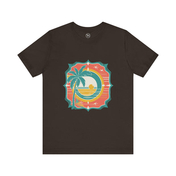 Retro Sunset Palm Tree Tee, Beach Vibes T-Shirt, Casual Summer Shirt, Perfect for Vacations, Gift for Beach Lovers