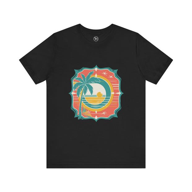 Retro Sunset Palm Tree Tee, Beach Vibes T-Shirt, Casual Summer Shirt, Perfect for Vacations, Gift for Beach Lovers