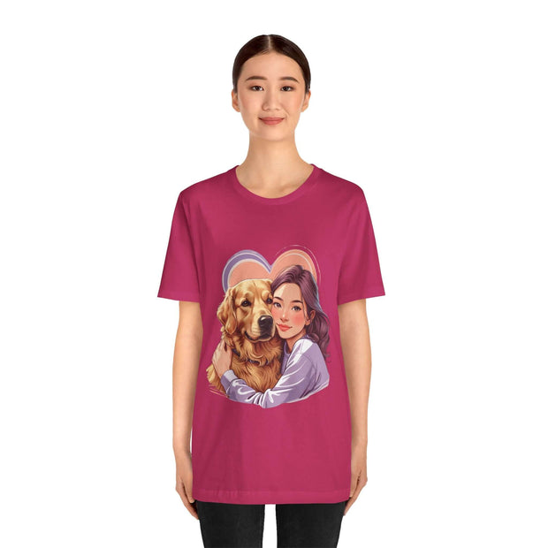 Heartwarming dog lover tee featuring a woman and her golden retriever, perfect for pet parents and casual outings.